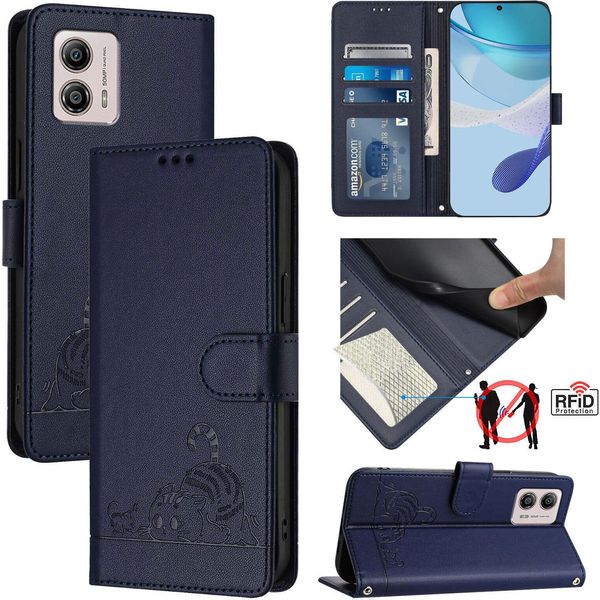 Custodia In Pelle Per Motorola Moto G53 / G13 / G23, Dolce Gatto Custodia Flip Con Funzione Stand E Portafoglio Blu-image
