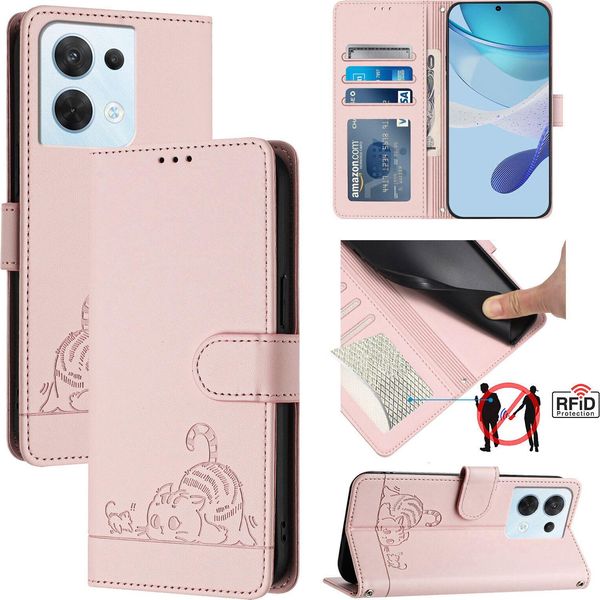 Custodia In Pelle Per Oppo Reno8, Dolce Gatto Custodia Flip Con Funzione Stand E Portafoglio Rosa-image