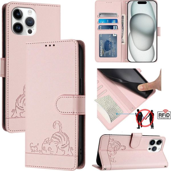 Custodia In Pelle Per Iphone 13 Pro Max, Dolce Gatto Custodia Flip Con Funzione Stand E Portafoglio Rosa-image