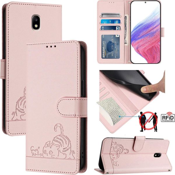 Custodia In Pelle Per Samsung Galaxy J7 2017, Dolce Gatto Custodia Flip Con Funzione Stand E Portafoglio Rosa-image