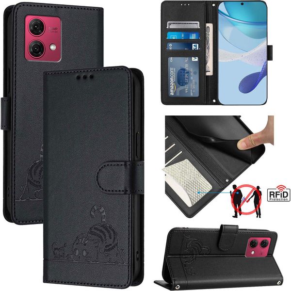 Custodia In Pelle Per Motorola Moto G84, Dolce Gatto Custodia Flip Con Funzione Stand E Portafoglio Nero-image