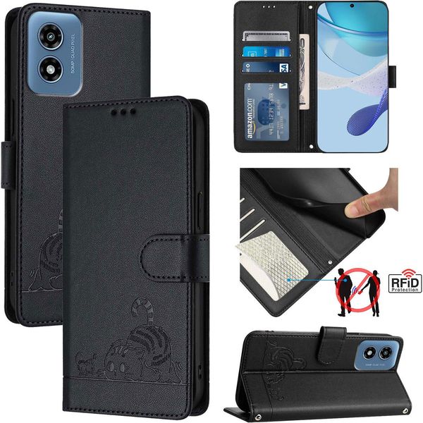 Custodia In Pelle Per Motorola Moto G Play (2024), Dolce Gatto Custodia Flip Con Funzione Stand E Portafoglio Nero-image