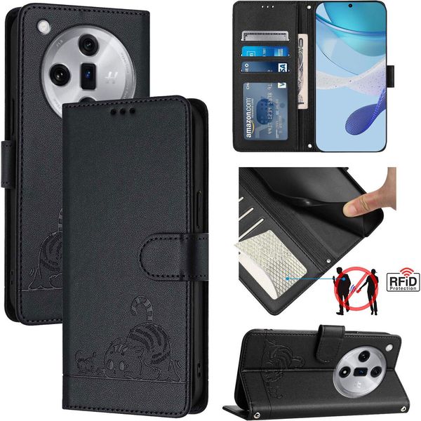 Custodia In Pelle Per Oppo Find X7, Dolce Gatto Custodia Flip Con Funzione Stand E Portafoglio Nero-image