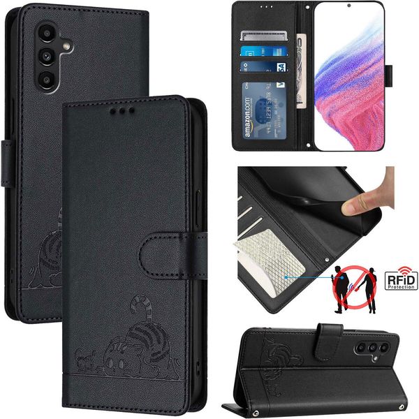 Custodia In Pelle Per Samsung Galaxy A13 / A13 5G / A04S / A04 / M13 5G, Dolce Gatto Flip Case Con Funzione Stand E Portafoglio Nero-image