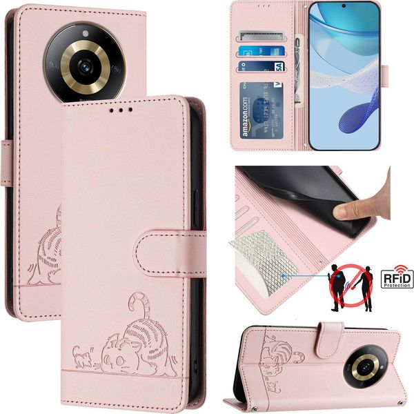 Custodia In Pelle Per Realme 11 4G, Dolce Gatto Custodia Flip Con Funzione Stand E Portafoglio Rosa-image