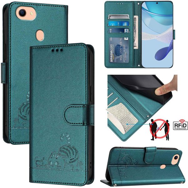 Custodia In Pelle Per Oppo F17, Dolce Gatto Custodia Flip Con Funzione Stand E Portafoglio Verde-image