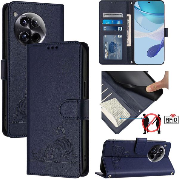 Custodia In Pelle Per Oneplus 12, Dolce Gatto Custodia Flip Con Funzione Stand E Portafoglio Blu-image