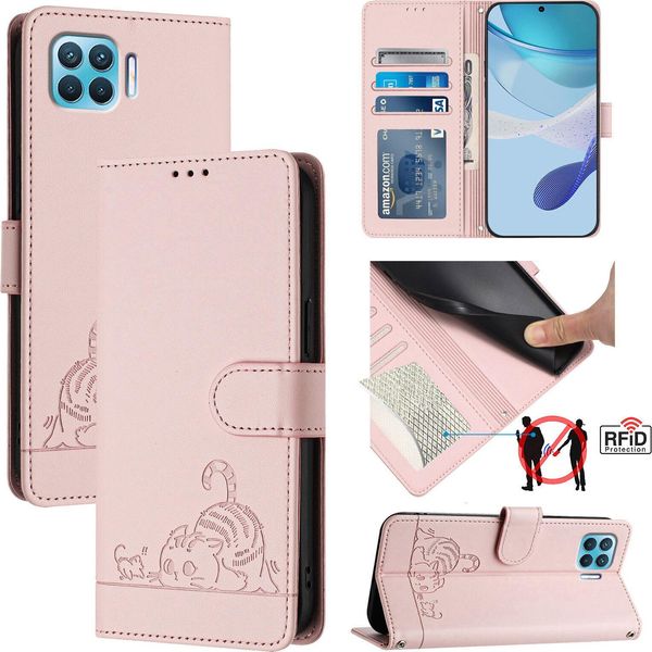 Custodia In Pelle Per Oppo F17 Pro, Dolce Gatto Custodia Flip Con Funzione Stand E Portafoglio Rosa-image