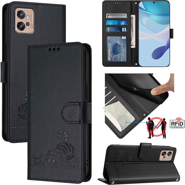 Custodia In Pelle Per Motorola Moto G32, Dolce Gatto Custodia Flip Con Funzione Stand E Portafoglio Nero-image
