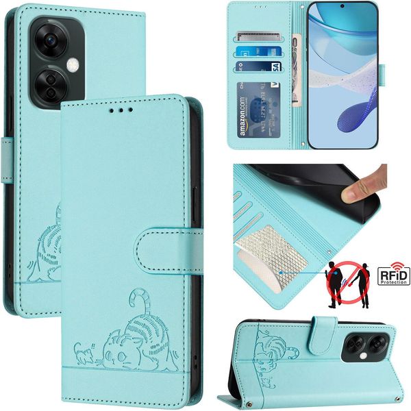 Custodia In Pelle Per Oneplus Nord CE3 Lite / Nord N30, Dolce Gatto Custodia Flip Con Funzione Stand E Portafoglio Verde Chiaro-image