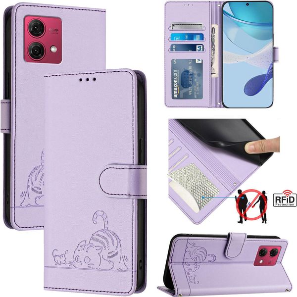Custodia In Pelle Per Motorola Moto G84, Dolce Gatto Custodia Flip Con Funzione Stand E Portafoglio Viola-image