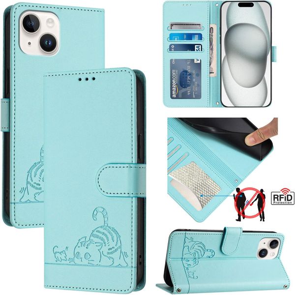 Custodia In Pelle Per Iphone 13 / Iphone 14, Dolce Gatto Custodia Flip Con Funzione Stand E Portafoglio Verde Chiaro-image