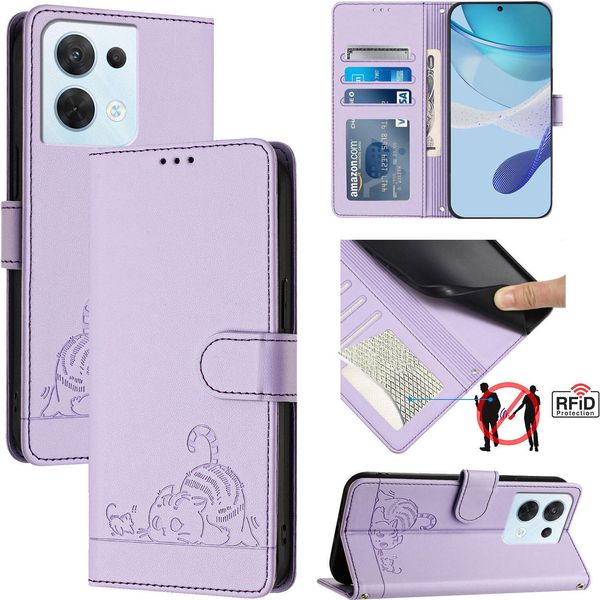 Custodia In Pelle Per Oppo Reno8, Dolce Gatto Custodia Flip Con Funzione Stand E Portafoglio Viola-image