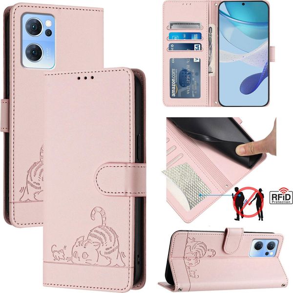 Custodia In Pelle Per Oppo Reno7 5G / Find X5 Lite, Dolce Gatto Custodia Flip Con Funzione Stand E Portafoglio Rosa-image