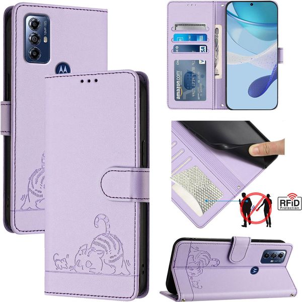Custodia In Pelle Per Motorola G Pure/Moto G Play (2023), Dolce Gatto Custodia Flip Con Funzione Stand E Portafoglio Viola-image