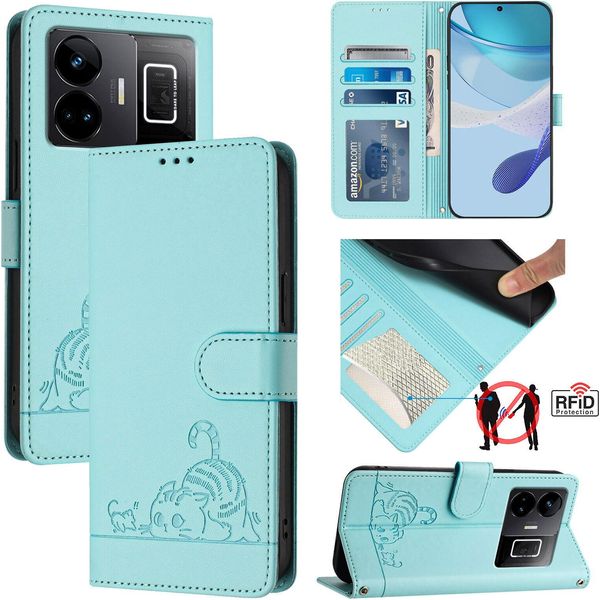 Custodia In Pelle Per Realme GT3, Dolce Gatto Custodia Flip Con Funzione Stand E Portafoglio Verde Chiaro-image