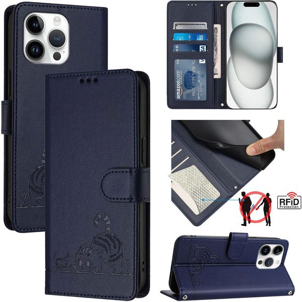 Custodia In Pelle Per Iphone 15 Pro Max, Dolce Gatto Custodia Flip Con Funzione Stand E Portafoglio Blu-image