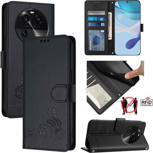 Custodia In Pelle Per Oppo Find X6, Dolce Gatto Custodia Flip Con Funzione Stand E Portafoglio Nero-image