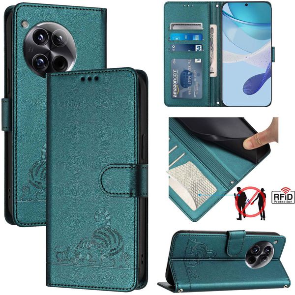 Custodia In Pelle Per Oneplus 12, Dolce Gatto Custodia Flip Con Funzione Stand E Portafoglio Verde-image
