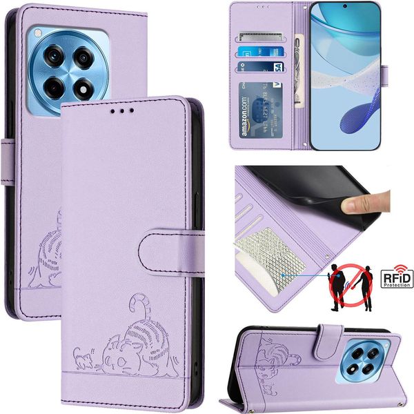 Custodia In Pelle Per Oneplus Ace 3 /Oneplus 12R, Dolce Gatto Custodia Flip Con Funzione Stand E Portafoglio Viola-image