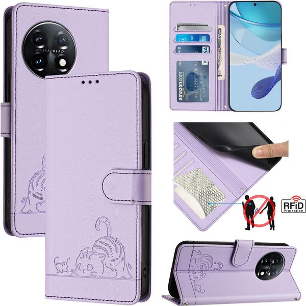 Custodia In Pelle Per Oneplus 11, Dolce Gatto Custodia Flip Con Funzione Stand E Portafoglio Viola-image