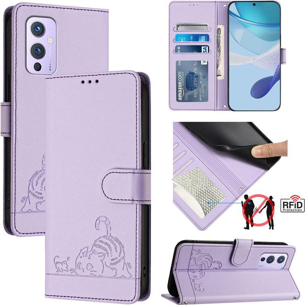 Custodia In Pelle Per Oneplus 9, Dolce Gatto Custodia Flip Con Funzione Stand E Portafoglio Viola-image
