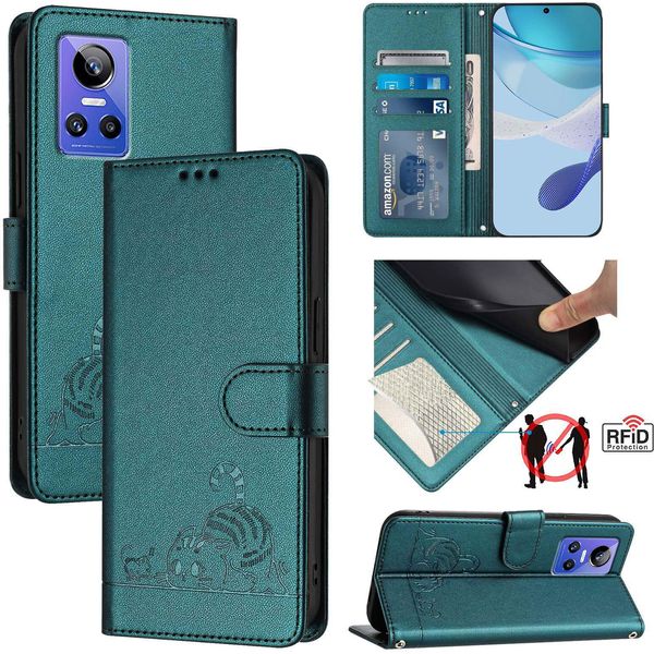 Custodia In Pelle Per Realme Gt Neo 3, Dolce Gatto Custodia Flip Con Funzione Stand E Portafoglio Verde-image
