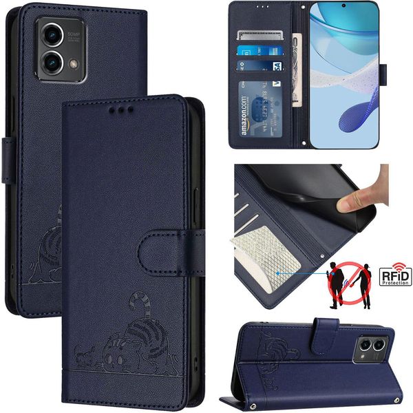 Custodia In Pelle Per Motorola Moto G Stylus 5G (2024), Dolce Gatto Custodia Flip Con Funzione Stand E Portafoglio Blu-image