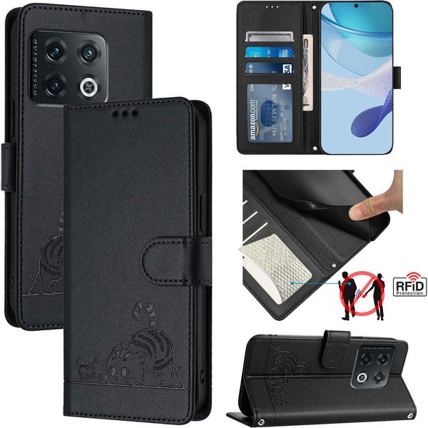 Custodia In Pelle Per Oneplus 10 Pro, Dolce Gatto Custodia Flip Con Funzione Stand E Portafoglio Nero-image