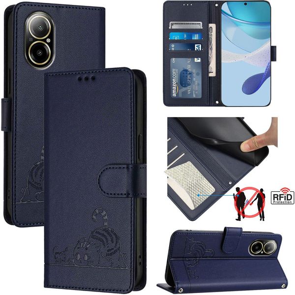 Custodia In Pelle Per Realme C67 4G, Dolce Gatto Custodia Flip Con Funzione Stand E Portafoglio Blu-image