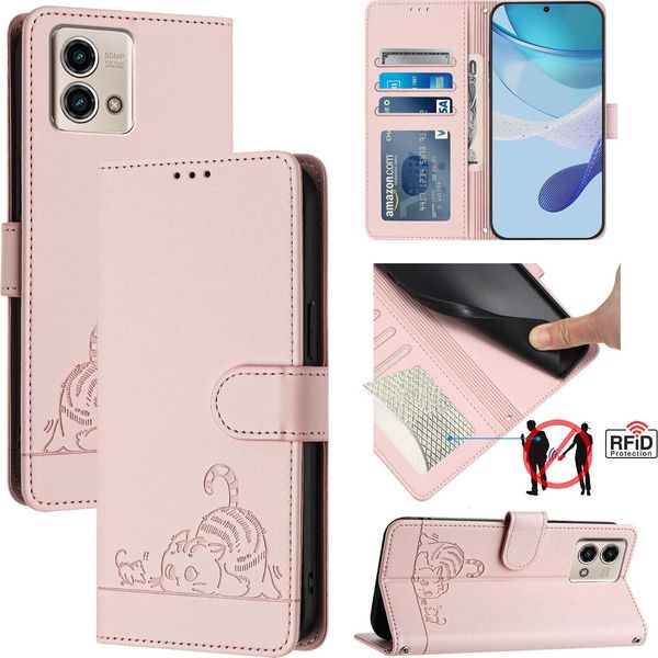 Custodia In Pelle Per Motorola Moto G Stylus 4G (2023), Dolce Gatto Custodia Flip Con Funzione Stand E Portafoglio Rosa-image