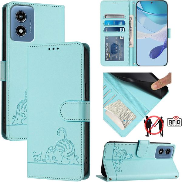 Custodia In Pelle Per Motorola Moto G (2024), Dolce Gatto Custodia Flip Con Funzione Stand E Portafoglio Verde Chiaro-image
