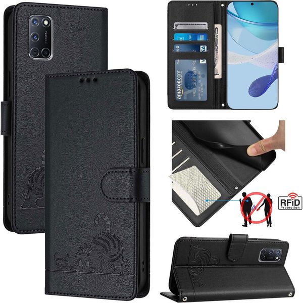 Custodia In Pelle Per Oppo A72 / A52 / A92 4G, Dolce Gatto Custodia Flip Con Funzione Di Supporto E Portafoglio Nero-image