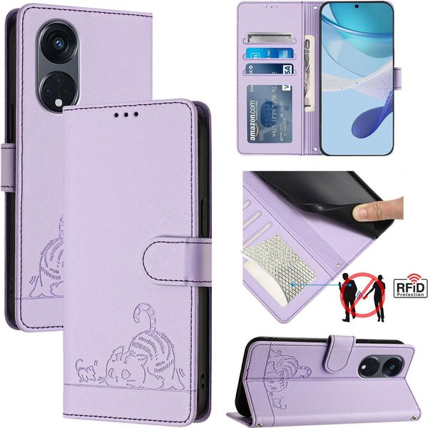 Custodia In Pelle Per Oppo A1 Pro/Reno8 T 5G, Dolce Gatto Custodia Flip Con Funzione Stand E Portafoglio Viola-image
