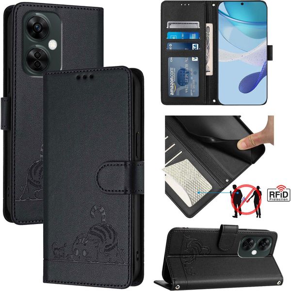Custodia In Pelle Per Oneplus Nord CE3 Lite / Nord N30, Dolce Gatto Custodia Flip Con Funzione Stand E Portafoglio Nero-image