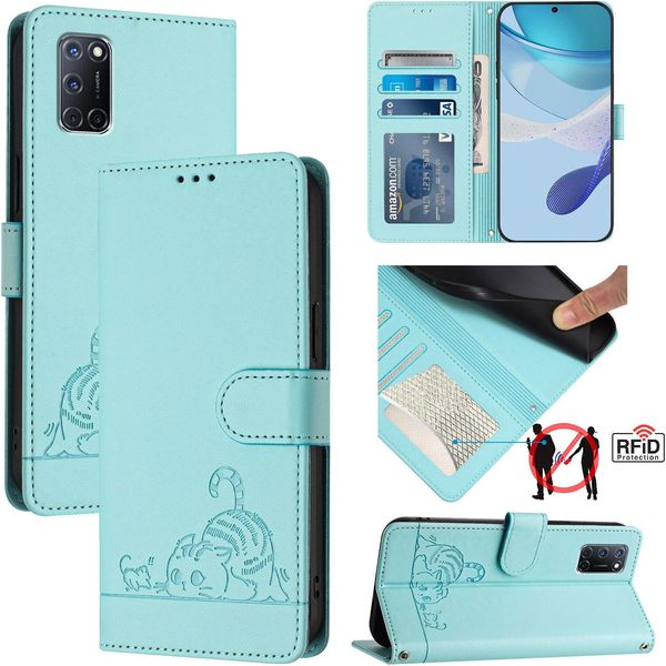 Custodia In Pelle Per Oppo A72 / A52 / A92 4G, Dolce Gatto Flip Caso Con Funzione Di Stand E Portafoglio Verde Chiaro-image