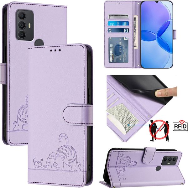 Custodia In Pelle Per Tcl 305 /Tcl 306 /Tcl 30 Se, Dolce Gatto Custodia Flip Con Funzione Stand E Portafoglio Viola-image