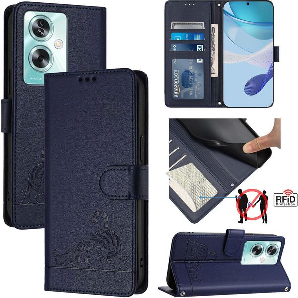 Custodia In Pelle Per Oneplus Nord N30 Se/Oppo A79 5G, Dolce Gatto Custodia Flip Con Funzione Stand E Portafoglio Blu-image