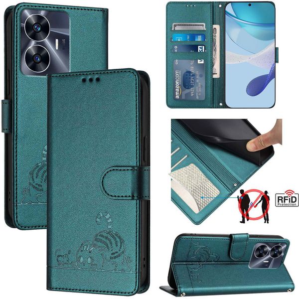 Custodia In Pelle Per Realme C55 /Realme Narzo N55, Dolce Gatto Custodia Flip Con Funzione Di Stand E Portafoglio Verde-image