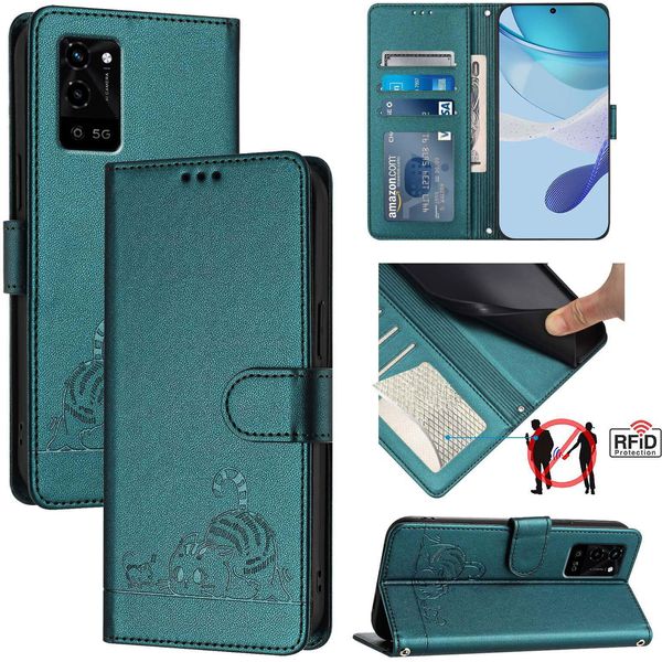 Custodia In Pelle Per Oppo A54 4G/A54S/A55 5G/A16/A16S/A55S 5G/A53S 5G/A56 5G Custodia Flip Cover Gatto Carino Con Funzione Stand Verde-image