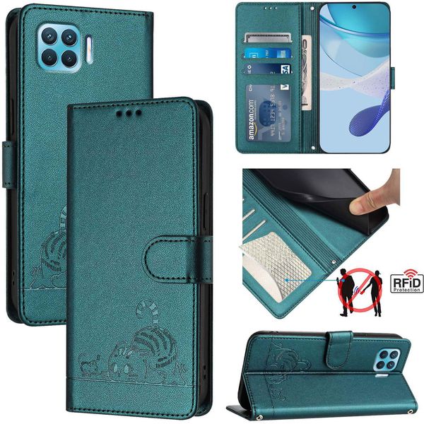 Custodia In Pelle Per Oppo F17 Pro, Dolce Gatto Custodia Flip Con Funzione Stand E Portafoglio Verde-image