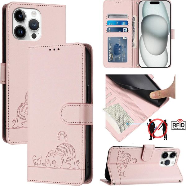 Custodia In Pelle Per Iphone 15 Pro Max, Dolce Gatto Custodia Flip Con Funzione Stand E Portafoglio Rosa-image