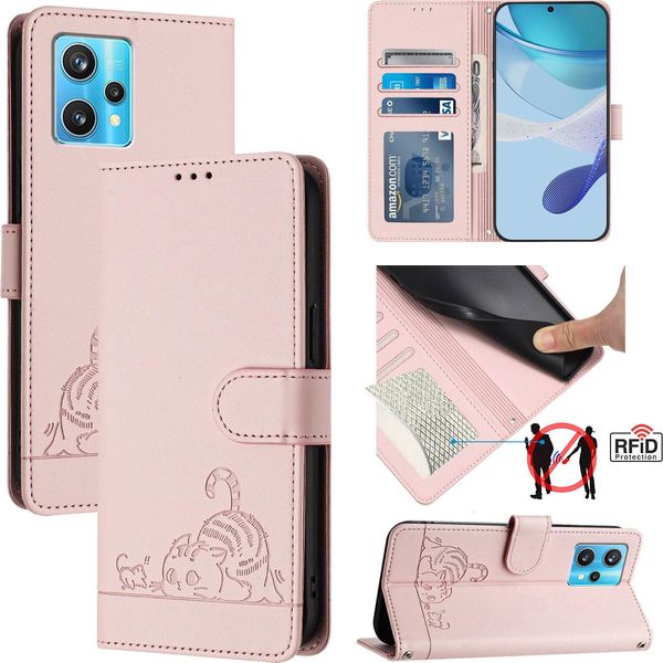 Custodia In Pelle Per Realme 9 4G, Dolce Gatto Custodia Flip Con Funzione Stand E Portafoglio Rosa-image