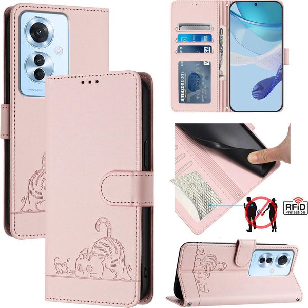 Custodia In Pelle Per Oppo Reno11F, Dolce Gatto Custodia Flip Con Funzione Stand E Portafoglio Rosa-image