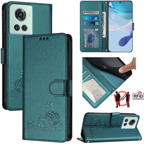 Custodia In Pelle Per Oneplus 10R/Oneplus Ace, Dolce Gatto Custodia Flip Con Funzione Stand E Portafoglio Verde-image