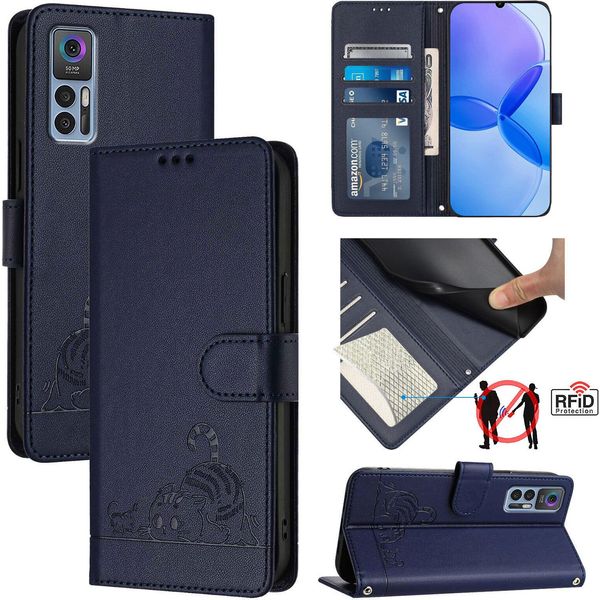 Custodia In Pelle Per Tcl 30 /Tcl 30 5G /Tcl 30+, Dolce Gatto Custodia Flip Con Funzione Stand E Portafoglio Blu-image