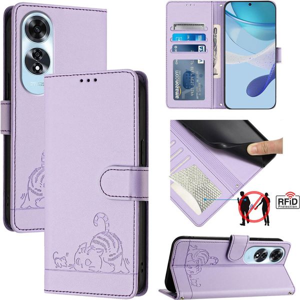 Custodia In Pelle Per Oppo A60, Dolce Gatto Custodia Flip Con Funzione Stand E Portafoglio Viola-image