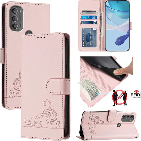 Custodia In Pelle Per Motorola Moto G71, Dolce Gatto Custodia Flip Con Funzione Stand E Portafoglio Rosa-image