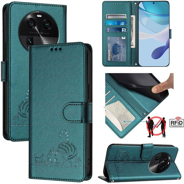 Custodia In Pelle Per Oppo Find X6 Pro, Dolce Gatto Custodia Flip Con Funzione Stand E Portafoglio Verde-image