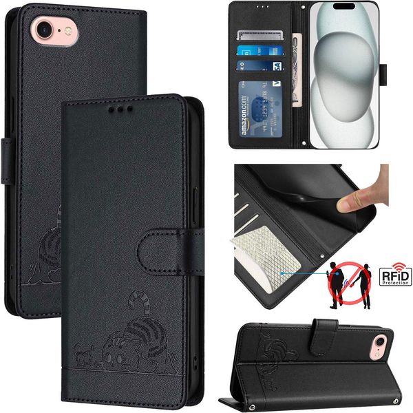 Custodia In Pelle Per Iphone SE4, Dolce Gatto Custodia Flip Con Funzione Stand E Portafoglio Nero-image